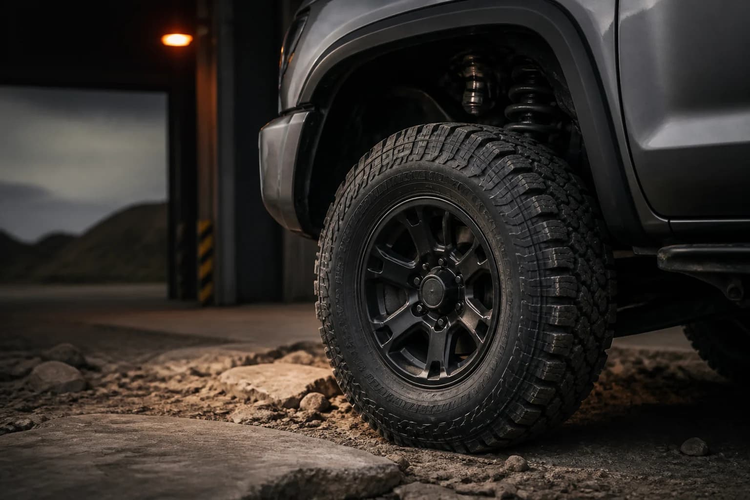 Off-road wheel and front suspension being inspected in a technical workshop